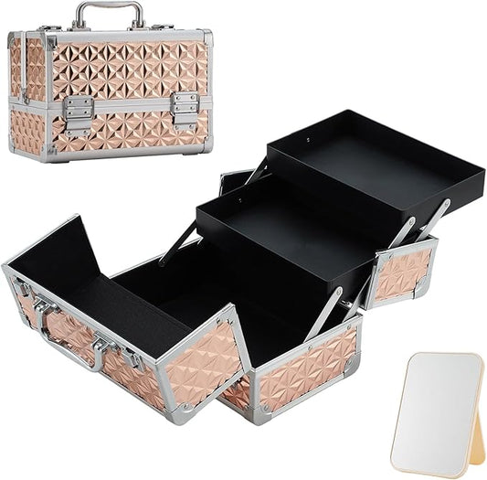 Leeora&Leekoo Makeup Train Case Cosmetic Box Portable Makeup Case Organizer 2 Trays Makeup Storage with Mirror for Cosmetologist Aesthetic Supplies Nail Tech Traveling Makeup Box (Rose Gold)
