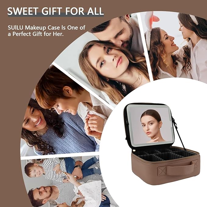 Travel Makeup Bag with LED Lighted Mirror,Cosmetics Organizer, Makeup Bag with 3 Color Lighted Setting, Portable Storage and Adjustable Dividers Travel Makeup Bag(Mocha)