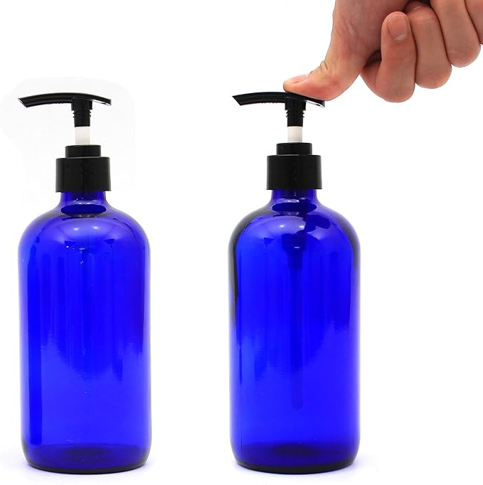Youngever 6 Pack Empty Glass Pump Bottles, 2 Pack 16 Ounce and 4 Pack 8 Ounce Pump Bottles, Soap Dispenser, Refillable Containers (Blue)