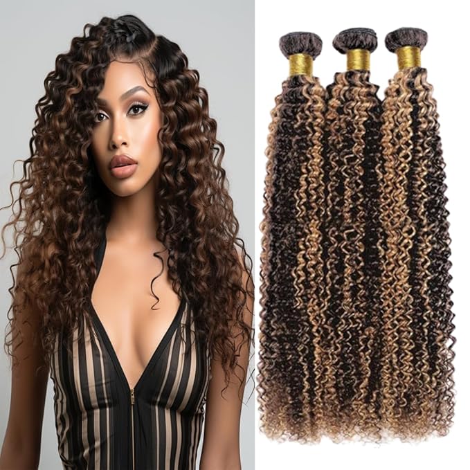 Ombre P1B30 Highlight Curly Hair Bundles Black Mixed With Light Brown Water Curly Weave Bundles two tone Brazilian Human Hair Extension Wet and Wavy for Black Women 8 10 12 Inch