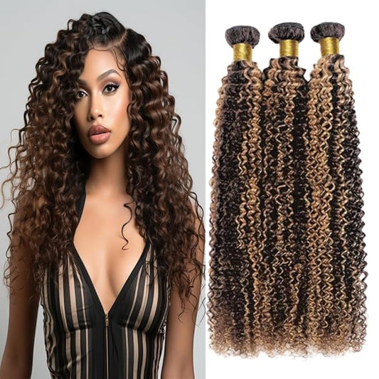 Ombre P1B30 Highlight Curly Hair Bundles Black Mixed With Light Brown Water Curly Weave Bundles two tone Brazilian Human Hair Extension Wet and Wavy for Black Women 8 10 12 Inch