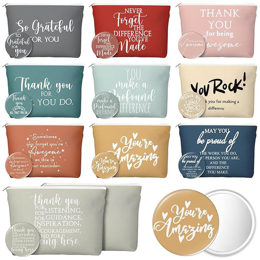 20 Pcs Employee Appreciation Gifts 10 Inspirational Canvas Makeup Bags 10 Compact Mirrors Bulk Cosmetic Bags Round Portable Pocket Mirror Thank You Gifts for Women (Praise)