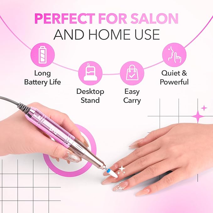 M Mase- Professional Nail Drill Machine - 2-in-1 Nail File - Cordless, 35000 RPM, HD Display - Gift for Her - Electric Nail Drill for Professional & Home Use (Unicorn Pink)