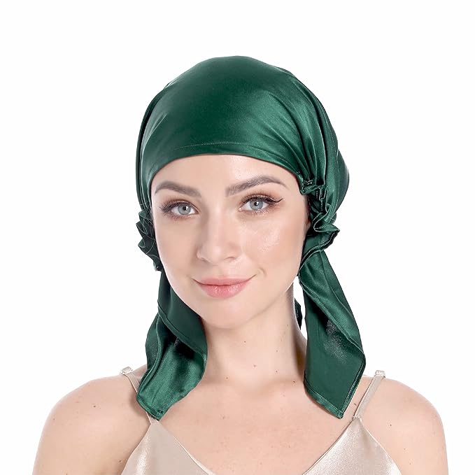 100% Silk Bonnet for Sleeping, Large Sleep Cap With Tie Band for Curly Hair Care, Hair Wrap (Emerald)