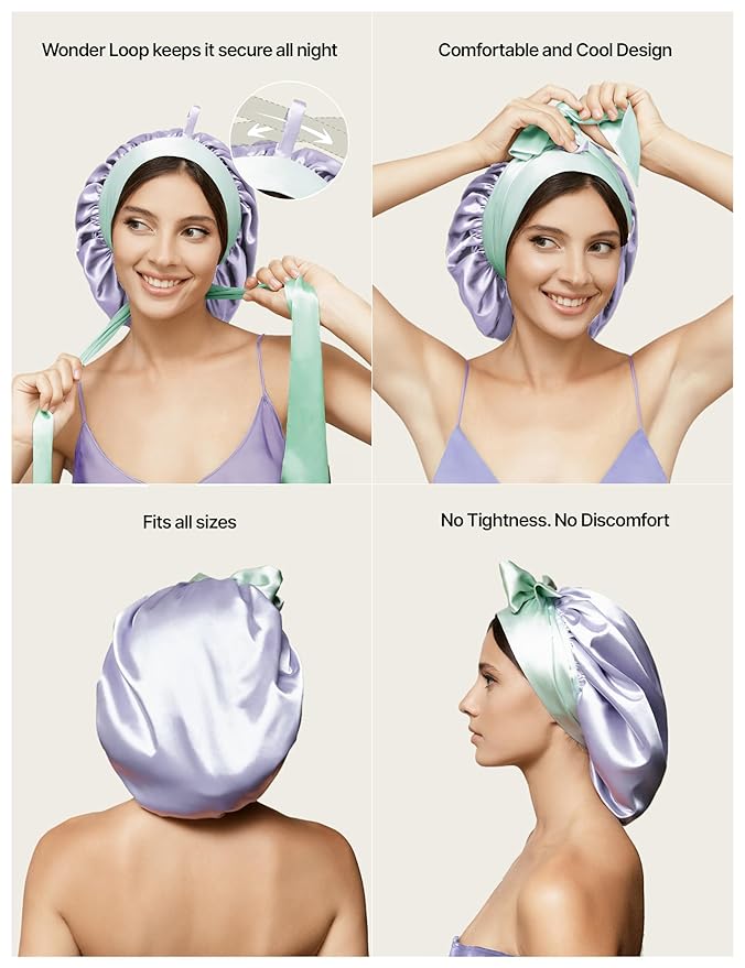 100% Mulberry Silk Bonnet for Sleeping Women with Curly Hair – Alternative to Double Layer Satin Bonnet with Tie Band Premium Silk Hair Wrap for Sleep with Wonder Loop