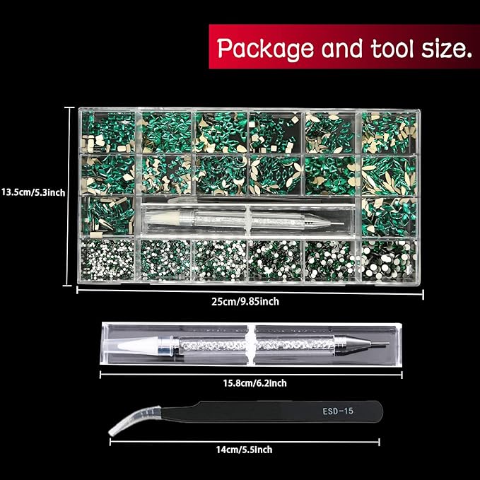 4180 Pcs Crystal Flatback Rhinestones Gems Nail Kit for Nail Art,Crafts,Clothes Shoes Decorations Jewelry (700 Diamonds + 3480 Flat Rhinestones, with Rhinestones Pen), Green