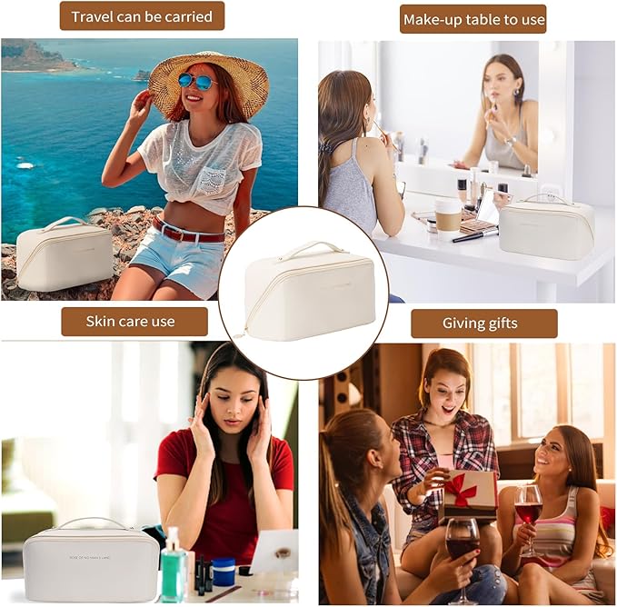 3 Pcs Travel Makeup Bag Portable Large Capacity Cosmetic Bags for Women Open Flat Makeup Case Organizer Bag Set of 3 Waterproof PU Leather Toiletry Bags with Divider and Handle (White, Medium)