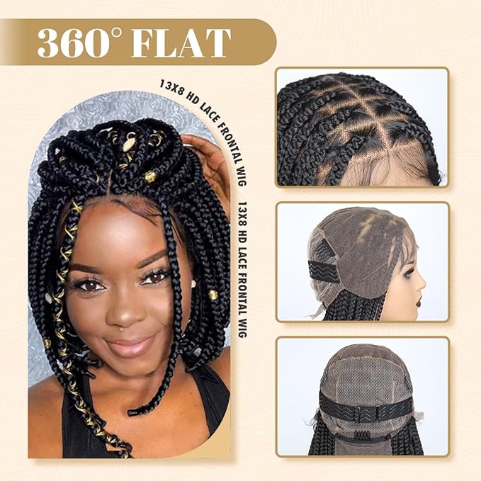 14 inch 13x8 Braided Lace Front Wigs for Black Women, Short Knotless Box Braids Wigs with Baby Hair, Black Synthetic Medium Braided Wig