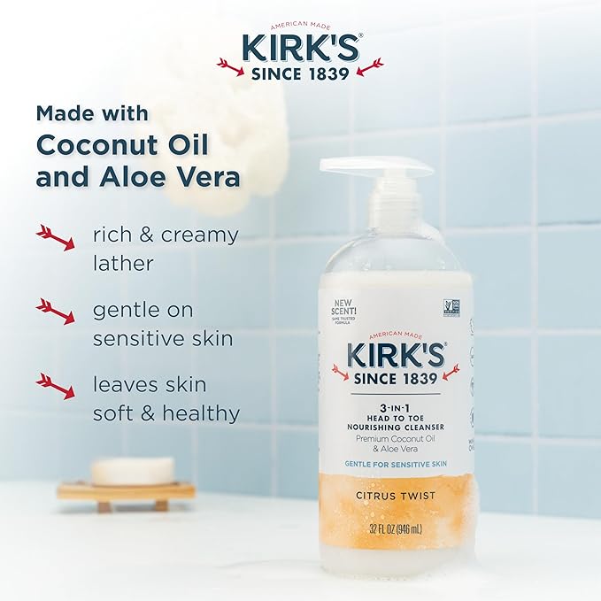 Kirk's 3-in-1 Head to Toe Nourishing Liquid Cleanser- for Men, Women & Children - Premium Coconut Oil & Aloe Vera- Non GMO & Vegan - Citrus Twist - 32 Fl Oz. - 2 Pack
