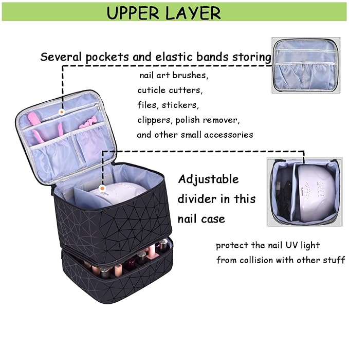 Nail Polish Carrying Case Bag-Holds 30 Bottles, Double-Layer Nail Polish Storage and Nail Dryer Case (Black)
