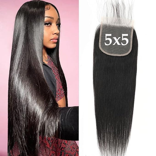 5x5 HD Transparent Lace Closure - Straight Human Hair, 14inch Virgin, 100% Real, Free Part, Pre Plucked, Natural Black, Glueless