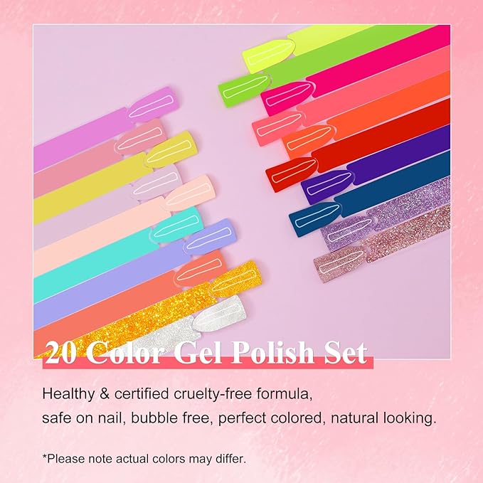 Gel Polish Nail Set 20 Colors with 3Pcs Glossy & Matte Top Coat and Base Coat, Hot Pink Yellow Jelly Neon Red Glitter Pink Black Sparkle Glitters Colorful Gel Polish Set For Valentine's Gifts