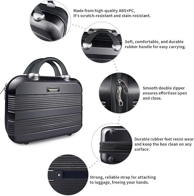 14" Portable Hard Shell Makeup Travel Case - Stylish PC+ABS Cosmetic Organizer for Women - Scratch-Resistant, Elastic Strap, Mini Suitcase - Perfect for Romantic Gifts（Midnight Black）