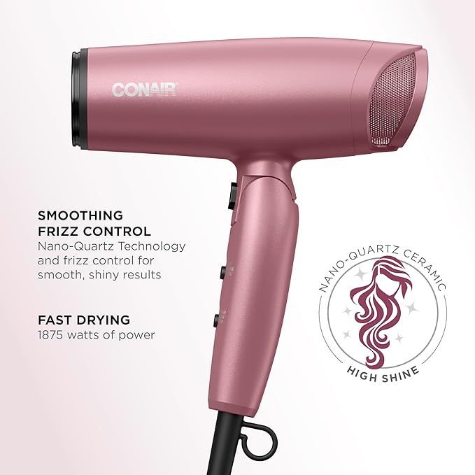 Conair Hair Dryer with Diffuser and Folding Handle, Travel Friendly Hair Dryer, Radiance Boost Blow Dryer for Less Frizz, More Shine, and Irresistibly Silky Hair, Includes Diffuser and Concentrator