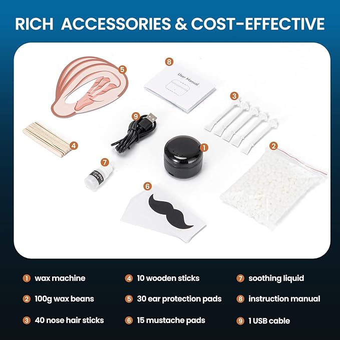 Nose Wax Kit Men, Ear Hair Removal For Men, Ear Hair Waxing Kit with 100 g Wax, 40 Nose Sticks, 20 Times Use, Usb Rapid Heating, Constant Temperature, Painless, Black