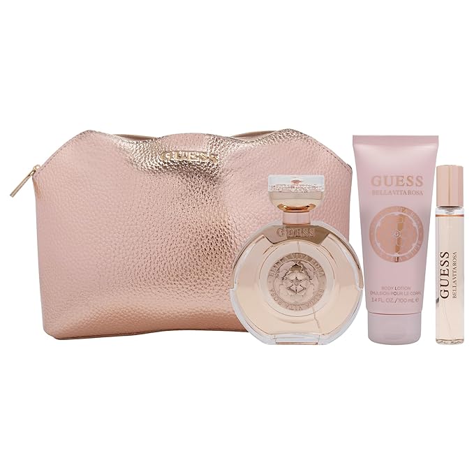 Guess Bella Vita Rosa for Women - 4 Pc Gift Set 3.4oz EDT Spray, 0.5oz EDT Travel spray, 3.4oz Body Lotion, Pouch