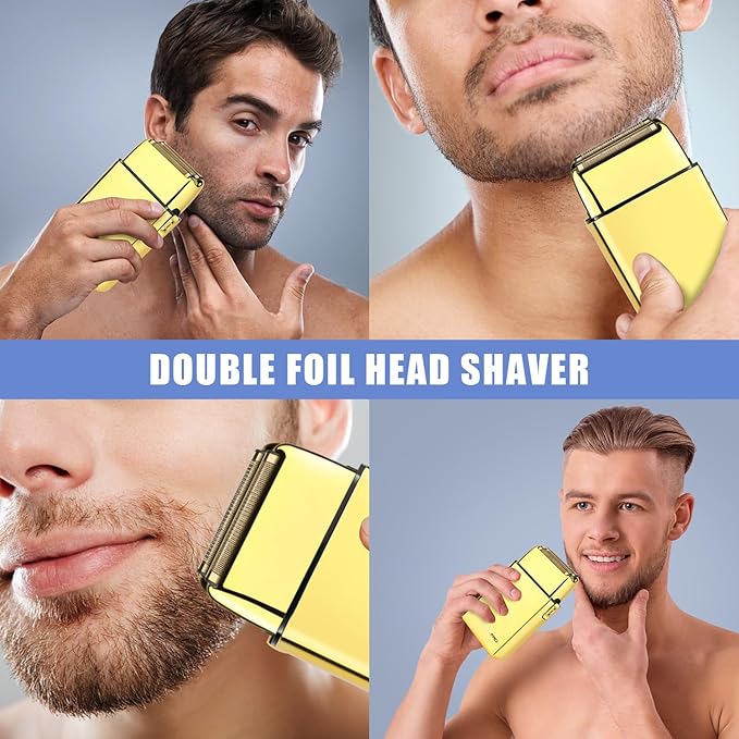 Foil Shaver for Men Barber, Double Electric Foil Trimmer, Professional Electric Razor, Close Shaver, Cordless Rechargeable with USB, Gold
