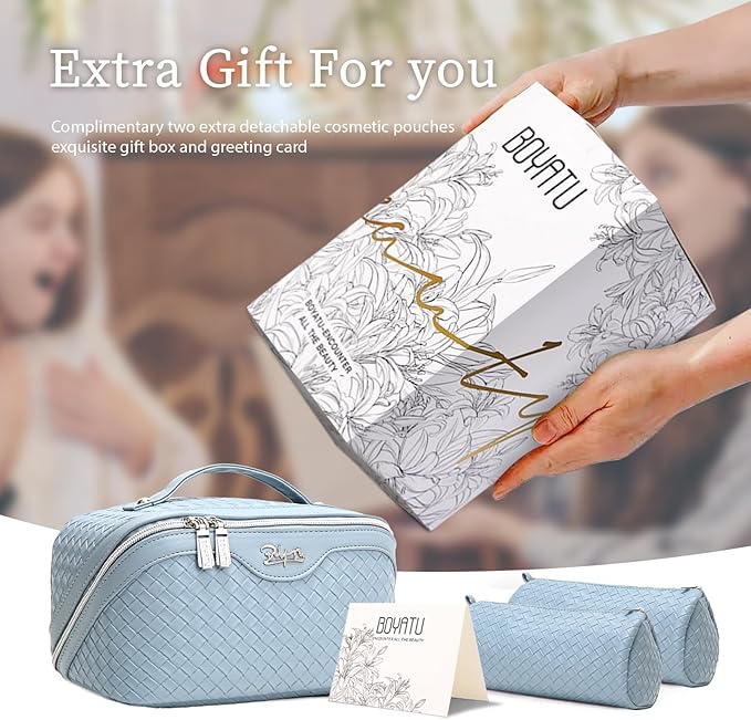 BOYATU Travel Makeup Bags for Women: Large Makeup Organizer - PU Leather Make up Bag Set of 3 - Portable Toiletry Bag with Compartments & Handle & Divider (L02 Light Blue)