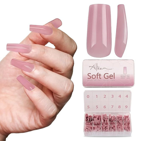 Allkem Soft Gel Nail Tips - Medium Long Square Nail Extensions - 12 Sizes Extra Extra Long Full Cover Nails - Neutrals - Chic (504 Pieces)