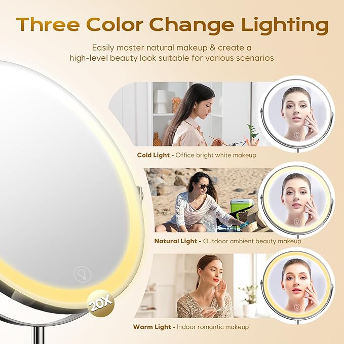 9" Makeup Mirror with Lights, 1x/20x360° Rotation Vanity Mirror, 5000mAh Rechargeable Double Sided Mirror with 3 Colors, Brightness Adjustable Lighted Makeup Mirror with Magnification, Women Gift