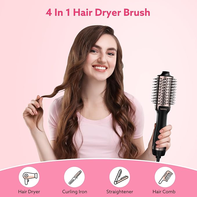 Nimmu Hair Dryer Brush Blow Dryer Brush in One, 4 in 1 Hair Dryer and Styler Volumizer for Drying Straightening Curling Volumizing Hair, Upgraded Hot Air Brush with 2.4” Oval Barrel, Black Gold