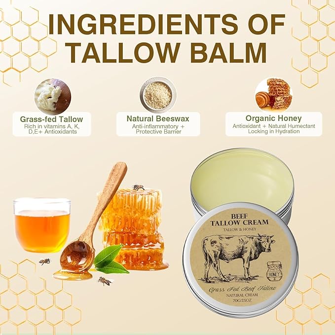 Beef Tallow for Skin, Tallow and Honey Cream,Tallow Face Moisturizer, Natural Grass-Fed Beef Tallow Balm with Raw Honey Moisturizing Cream for Body Lotion Skin Care for Skin (2.47 Oz)
