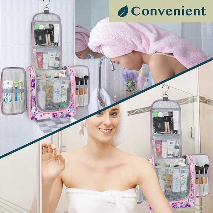 PAVILIA Extra Large Toiletry Bag Travel Bag for Women Men, Hanging Cosmetic Organizer, Water Resistant Makeup Bag for Accessories Toiletries, Travel Essentials Kit (Floral Pink)