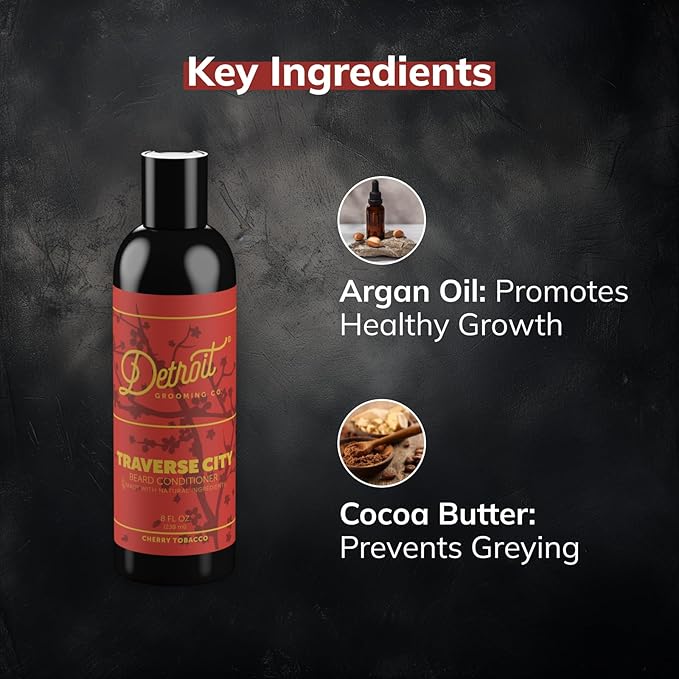 Detroit Grooming Co. Beard Conditioner for Men with Apple Extract and Aloe Vera - Softener, Detangler, Hydrating Conditioner & Face Moisturizer - CherryTobacco- Traverse City - 8oz