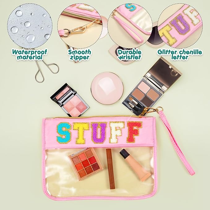 Abbylike 6 Pcs Chenille Letter Clear Zipper Pouch Summer Waterproof Cosmetic Pouch Travel Gym Beach Hawaii Bag Travel Patch Purse Makeup Letter Bag for Women Girls, 6 Colors(Macaron Colors,Cute)