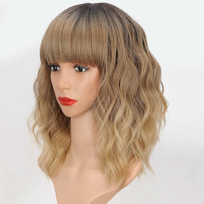 AISI HAIR Synthetic Wavy Curly Bob Wig with Bangs Ombre Blonde Mixed Short Hair for Women Synthetic Heat Resistant Bob Wigs