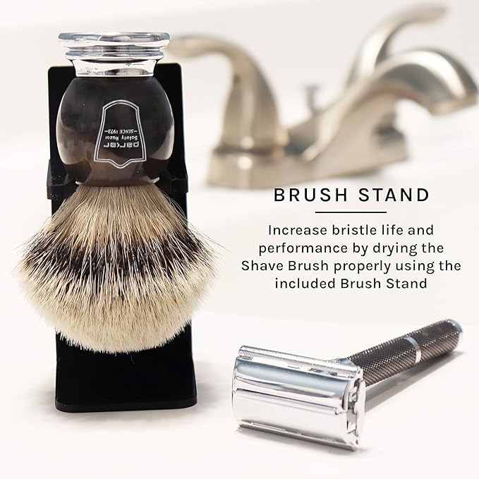 Parker Silvertip Badger Shaving Brush-Faux Horn Handle with a Chrome Base, Long Loft Dense Bristles- Men's Badger Shaving Brush with Stand Included
