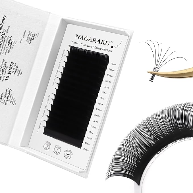 NAGARAKU Individual Eyelash Extensions, Luxury Collected Classic Single Lashes Upgraded 3rd Generation Soft Natural Beauty Salon Professional Lash Supplies 16 Rows Matte Black -0.10 C Curl 13mm