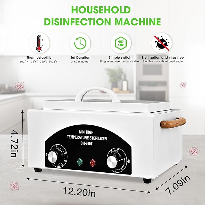 Sterilizer for Nail Tools 1.5L 110V 300W High Temperature Metal Clean Box with Adjustable Timer Temperature Sterilizer Cabinet for Manicure SPA Salon Metal Hairdressing Tool Equipment(white)