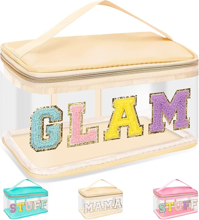 Chenille Letter Clear Makeup Bags Glam Pouch, Preppy Patch Makeup Bag Zipper with Handle, Transparent PVC & Nylon Waterproof Glitter Cosmetic Handbag Travel Toiletry Storage for Women Girl(GLAM-Beige)