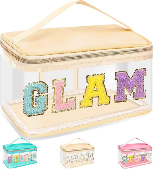 Chenille Letter Clear Makeup Bags Glam Pouch, Preppy Patch Makeup Bag Zipper with Handle, Transparent PVC & Nylon Waterproof Glitter Cosmetic Handbag Travel Toiletry Storage for Women Girl(GLAM-Beige)