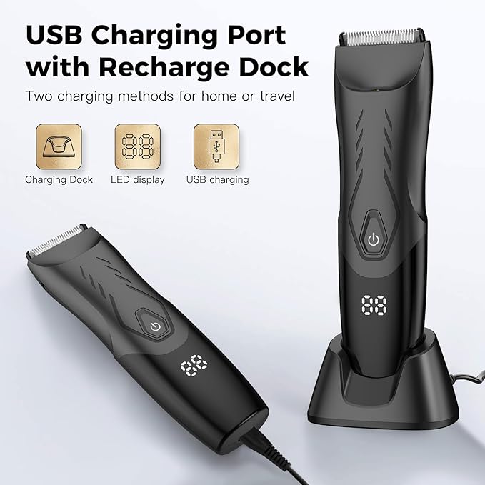 Men Hair Removal Shavers,Waterproof Public Hair Groomers,Manscape Cordless Ball Trimmer, Male Painless Wet Dry Hygiene Razor with Standing Charging Dock SMT110 Black