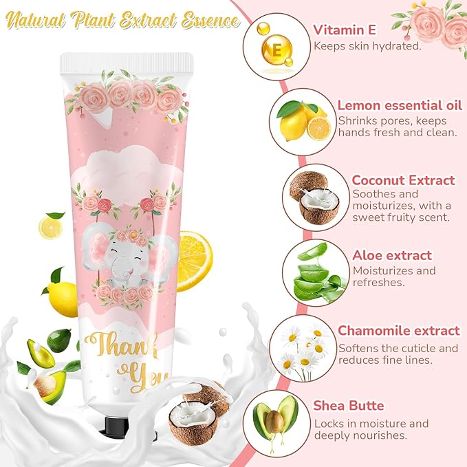 24 Sets Baby Shower Hand Cream Bulk Pink Elephant Shower Favors Bridal Thank You Appreciation Hand Cream for Guests Travel Size Lotion with Organza Bags