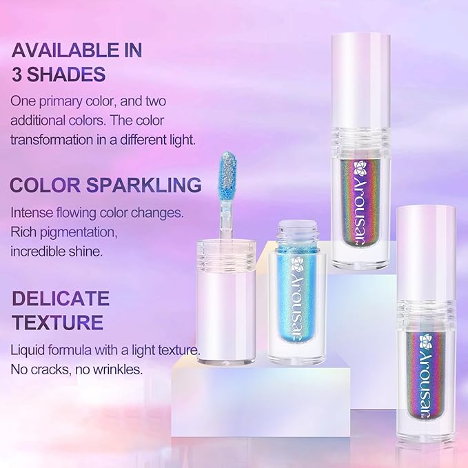 Metallic Liquid Eyeshadow 3pcs, Chameleon Metallic Eyeshadow Multi-Color Shifting, Highly Pigmented and Shimmer Eye Makeup, Long Lasting Cosmetics, 3 Colors