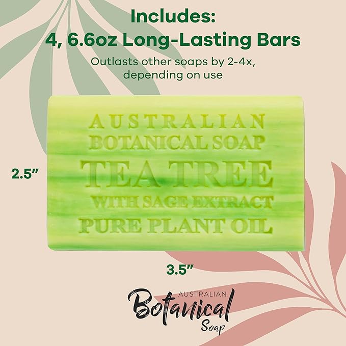 Australian Botanical Soap Tea Tree with Sage Extract 6.6 oz Luxury Soap Bars Enriched with Shea Butter, Suitable for Men, Women and All Skin Types, Pack of 4