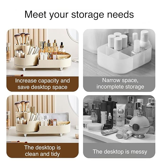 Rotating makeup organizer,Large Capacity Cosmetic Display Case, easy to hold all of your makeup products, at least 20 makeup brushes/eyeliner,10 lipsticks,8 skincare products(Ivory)