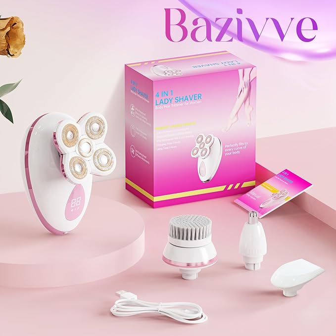 Electric Razors for Women - Painless Body Shavers for Sensitive Skin - 4 in 1 Cordless Lady Trimmer for Women's Leg, Bikini and Face - Waterproof Wet/Dry Remover, Rechargeable, Cherry