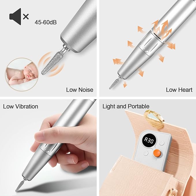Portable Nail Drill Kit Rechargeable 30000 RPM Electric Nail Machine Professional Cordless E-File Nail Drill Set with 7 Nail Bit, Polishing