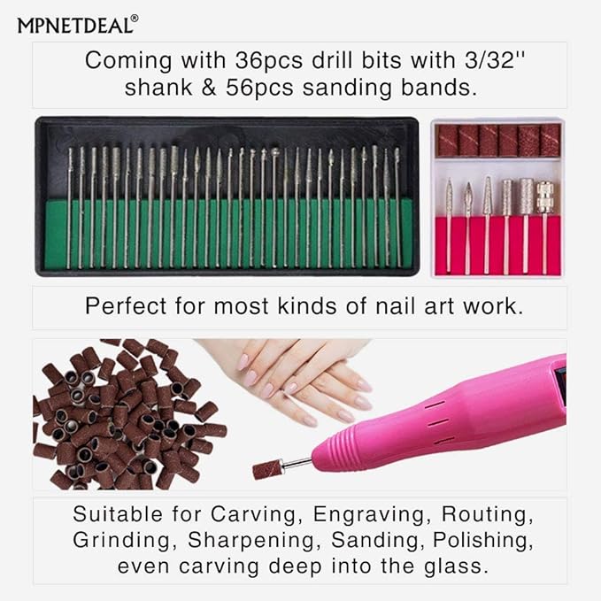 Electric Nail Drills Machine e File Dremel buffers Sanding Bands Bits for Acrylic Nails Gel Polish Glazing Art Set Polisher Grinder Filer Manicure Pedicure Kit máquina uñas acrilicas Pink