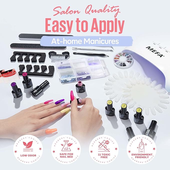 MEFA 54 Pcs Gel Nail Polish Kit with U V Light, 32 Colors Popular Soak Off Nude Pink Red Gel Polish Nail Set with Matte/Glossy Gel Top Base Coat Manicure Tools Nail Art Decorations DIY Salon Home Gift