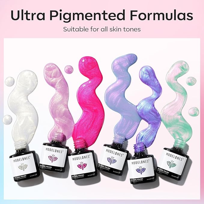 modelones Pearl Gel Nail Polish Set, 6 Colors Ocean Shimmer White Hot Pink Purple Blue Green Mermaid Glitter Gel Polish Soak Off Nail Drawing Nail Gel Polish Swirl Shell Thread Effect DIY Gift