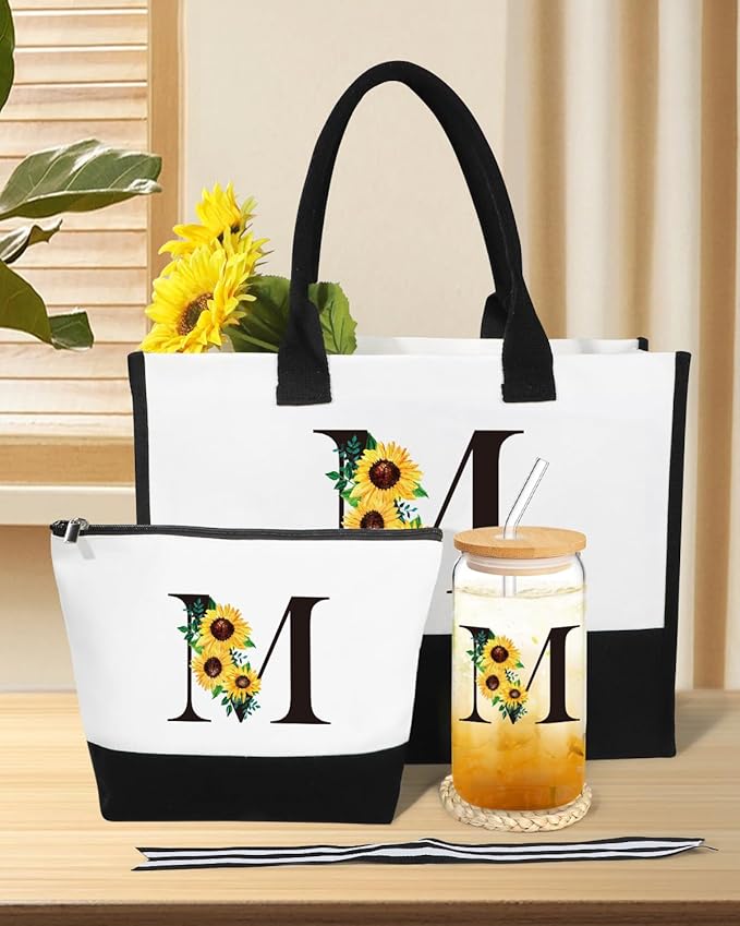 Personalized Gifts for Women: Monogrammed Canvas Tote Bag, Makeup Bag & Glass Cup (Sunflower, Mom, Sister, Best Friends)