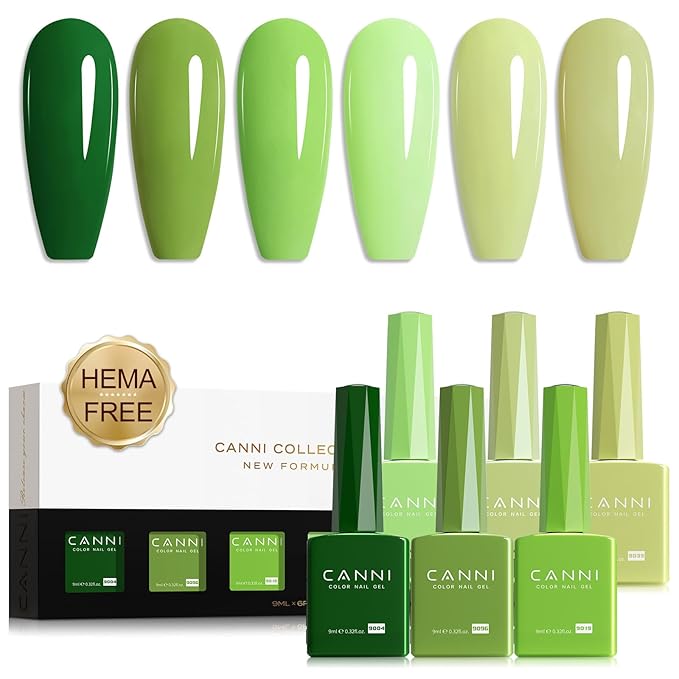 CANNI Green Gel Nail Polish Set, 6 Colors 9ML Evergreen Olive Light Green Gel Nail Polish Spring Set Nail Gel Polish Soak Off Uv LED Lamp Nail Art Design Manicure Salon for Women