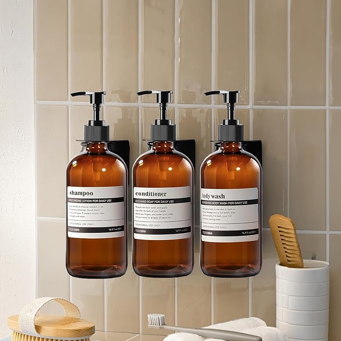 4 Pack 8 oz Amber Glass Pump Bottles, Boston Round Bottles with Pumps for Lotion, Soap, Massage Oils, Refillable Containers with Caps