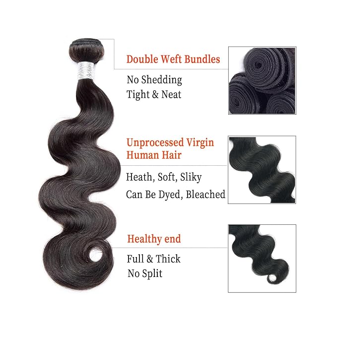 12A Body Wave Human Hair Bundles with Closure (14 16 18+12,Free Part) Closure with 3 Bundles Brazilian Virgin Hair Extensions with Pre Plucked with Baby Hair 5X5 HD Lace Closure Natural Black Color