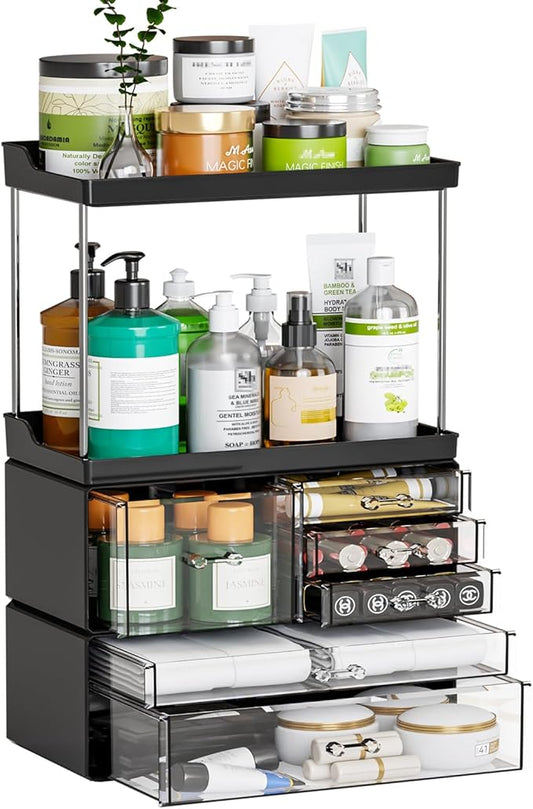 3 Tier 6-Drawer Bathroom Counter Organizer Shelf - Stackable Design - 18.9" Tall Large Skin Care Organizer Suitable as Makeup,Beauty,Face Product,Lotion,Skincare Organizers,Black
